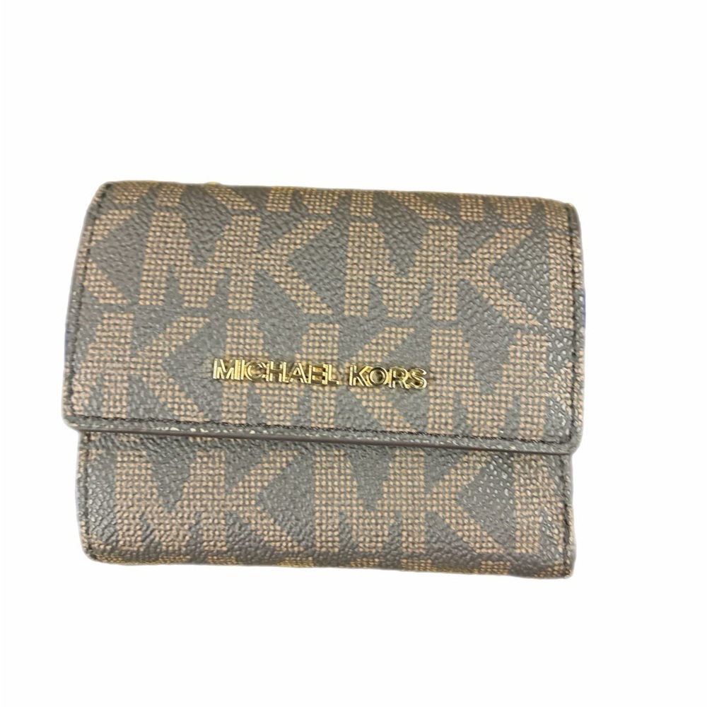 Michael Kors Brown and Dark Brown MK Logo Compact Wallet with Gold Hardware